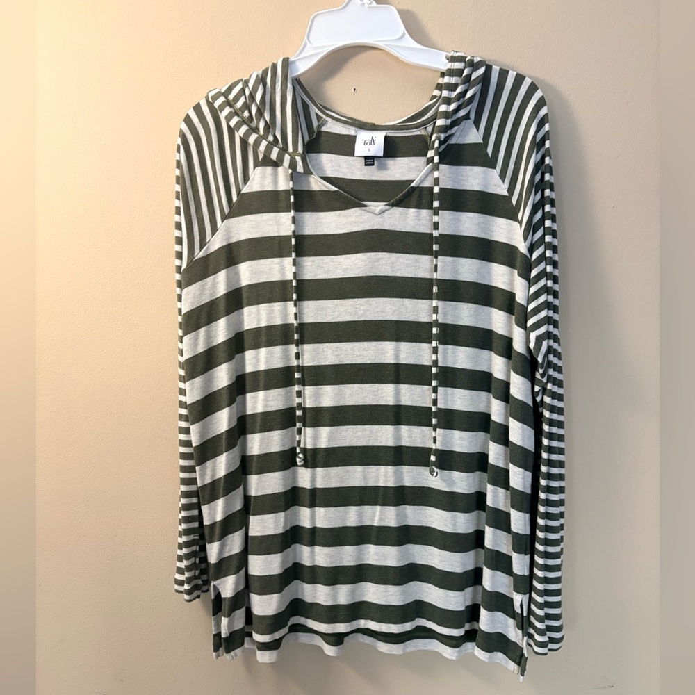 Cabi 3995 Striped Playoff Hoodie Long Sleeve Top Small Olive Green Thumb Holes